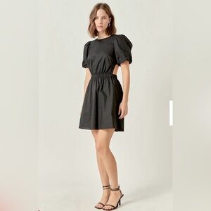 English Factory Black Puff Sleeve Mini Dress‎ CUT-OUT POPLIN MINI DRESS size L